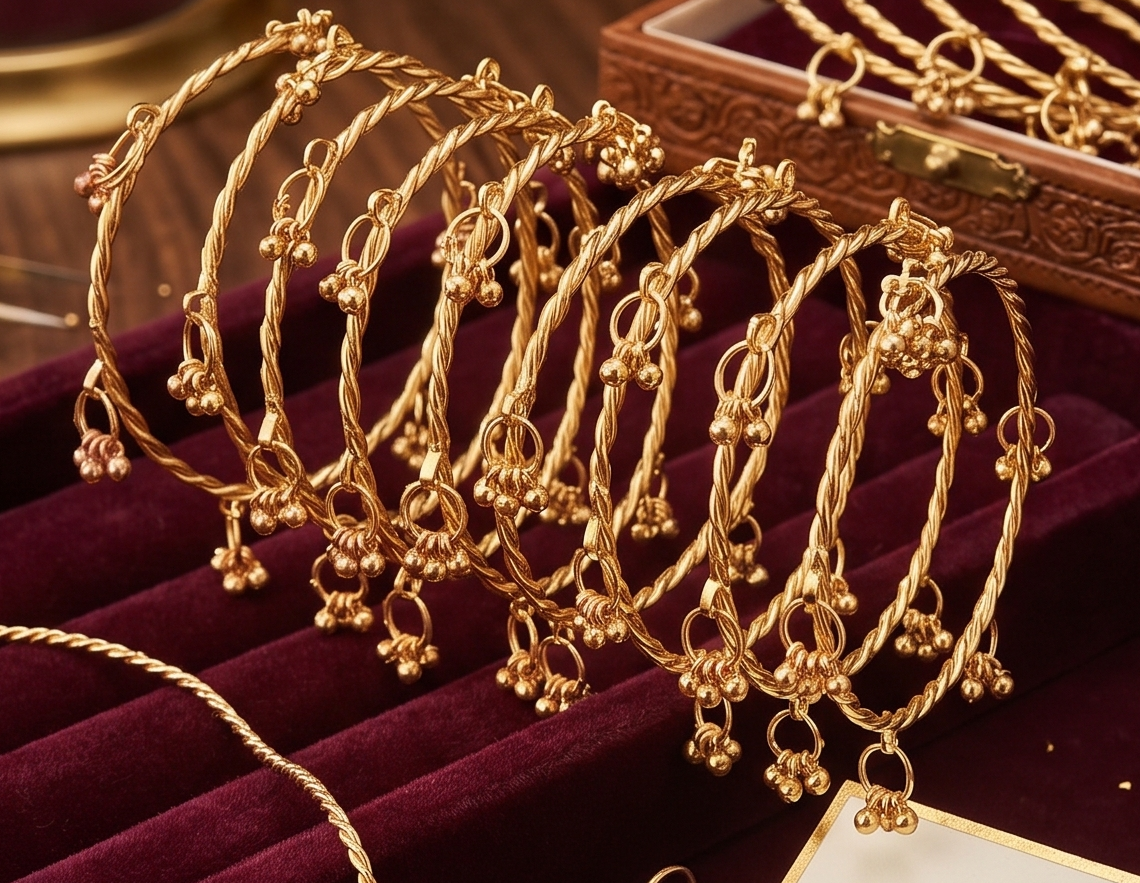twisted Kashmiri 8 Bangle Set for Women | Ethnic Ghungroo Design Stackable Bangles
