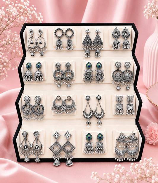 Designer Oxidized Earrings Combo Collection Pack of 16 for Women & Girls with Premium Storage Box(black)