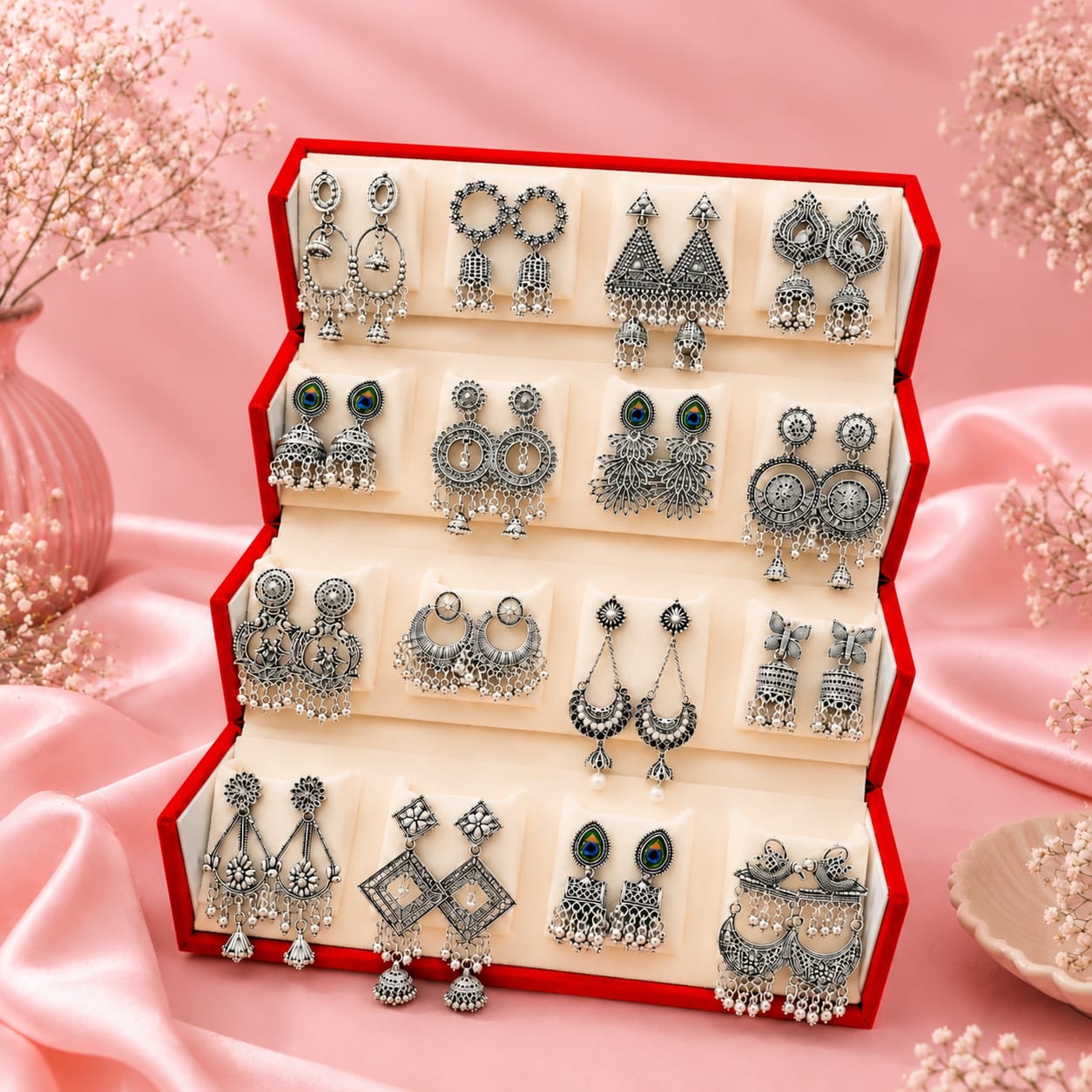 Designer Oxidized Earrings Combo Collection Pack of 16 for Women & Girls with Premium Storage Box(Red)