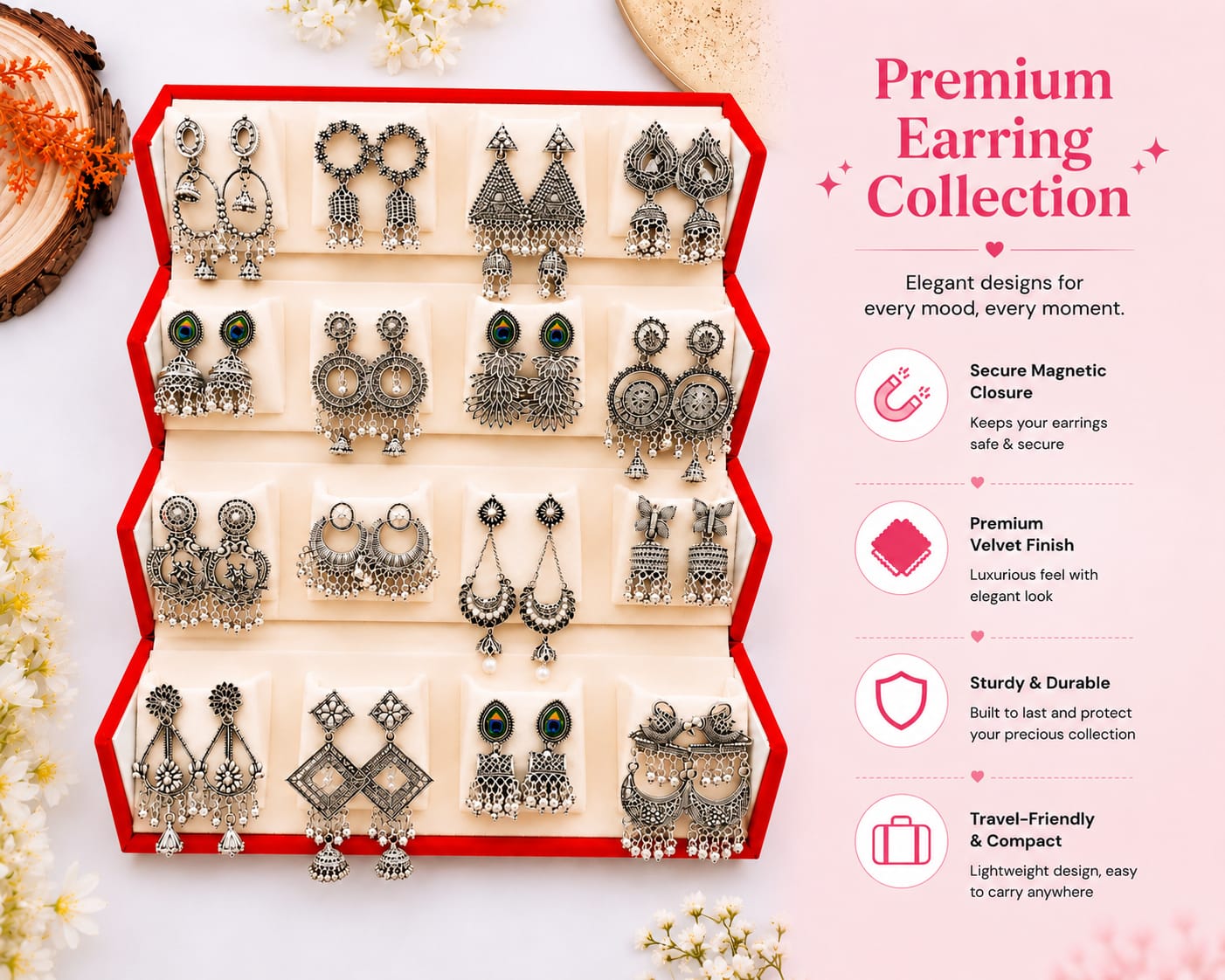 Designer Oxidized Earrings Combo Collection Pack of 16 for Women & Girls with Premium Storage Box(Red)