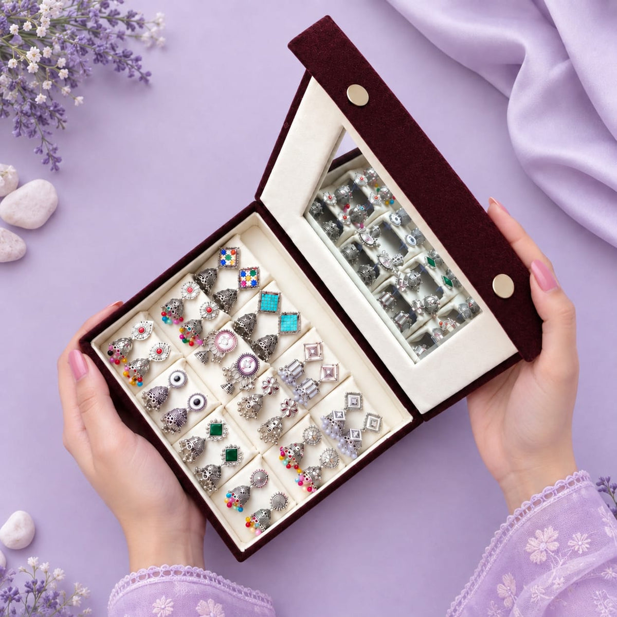 12 Pairs Oxidised Earrings with Mirror Box