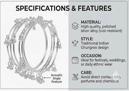 Traditional Stylish Silver Ghungroo Kashmiri Bangles Set for Women & Girls(8pcs)