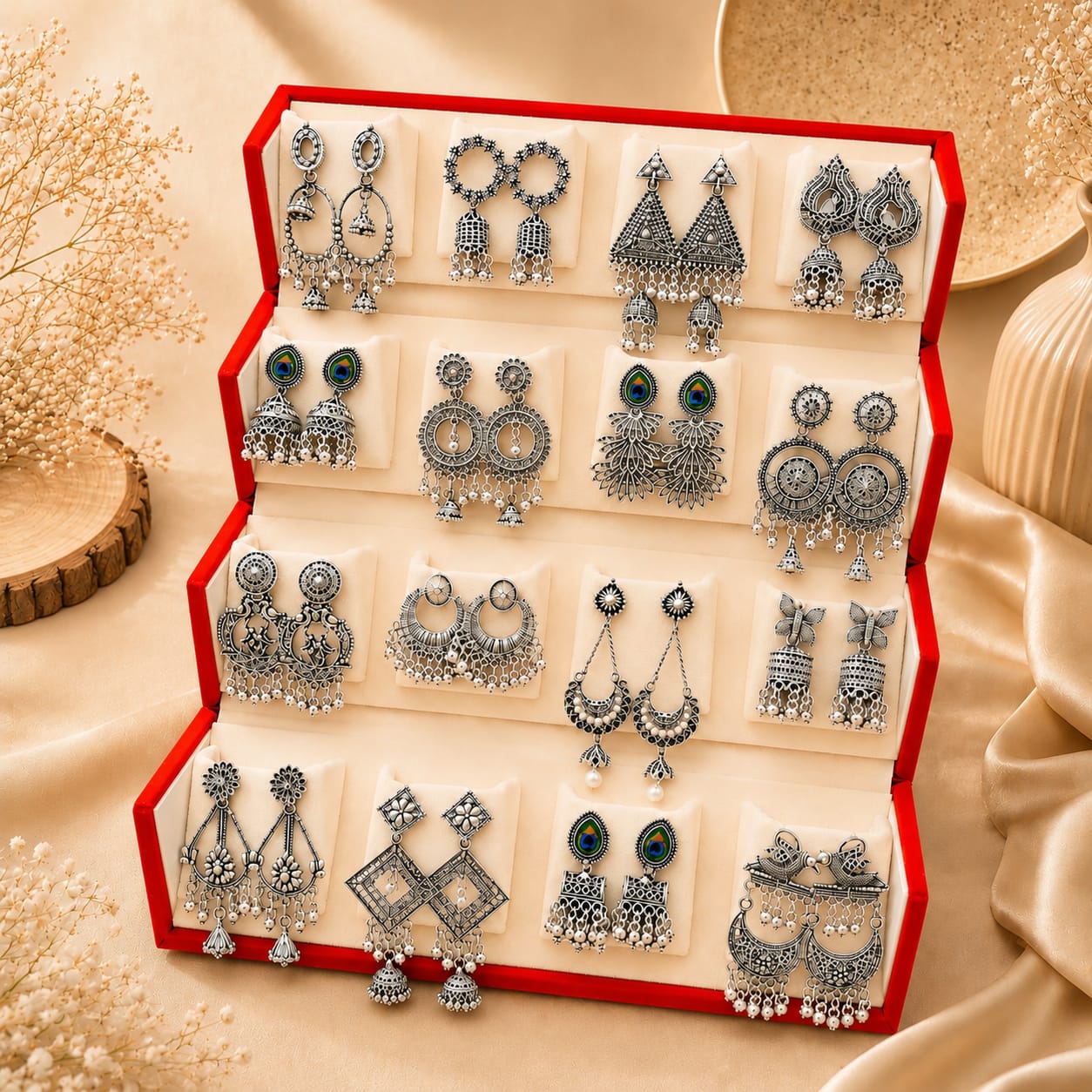 Designer Oxidized Earrings Combo Collection Pack of 16 for Women & Girls with Premium Storage Box(Red)