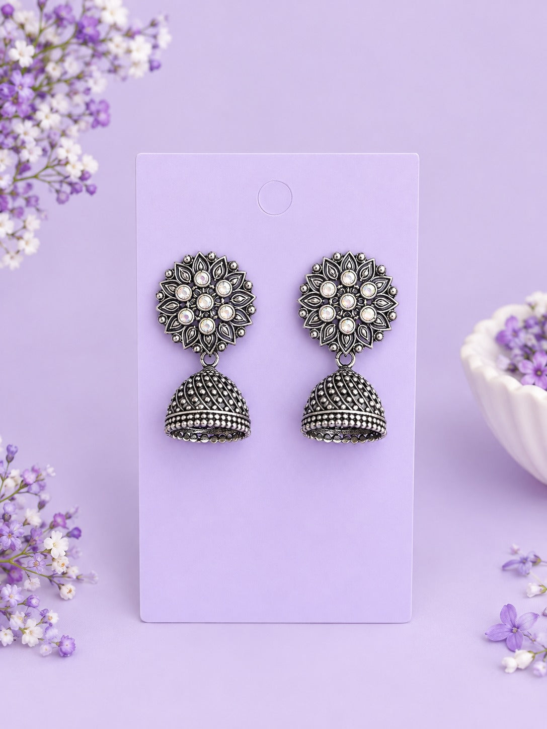 Set of 8 Oxidised Jhumka Earrings Gift Box with Personalised Card & Chocolate