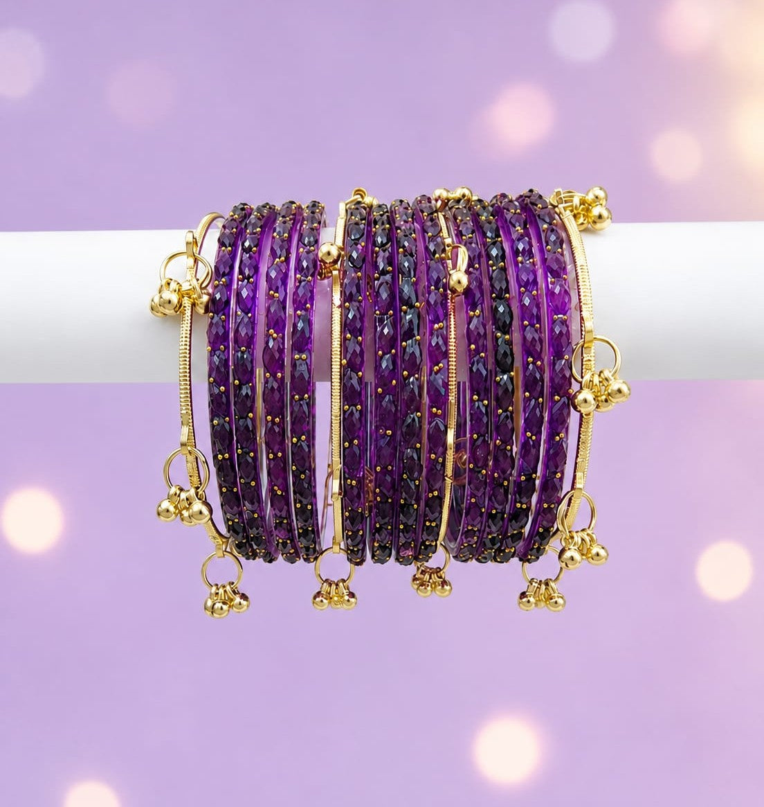Ghungroo Glass Bangles for Women | Multicolor Traditional Chudi Set with Golden Bell Charms