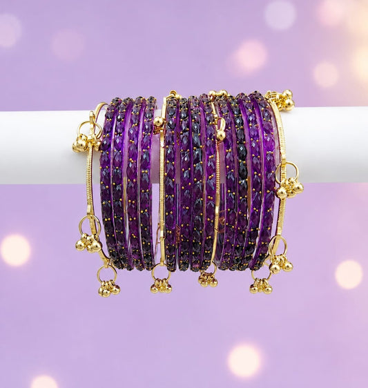 Ghungroo Glass Bangles for Women | Multicolor Traditional Chudi Set with Golden Bell Charms