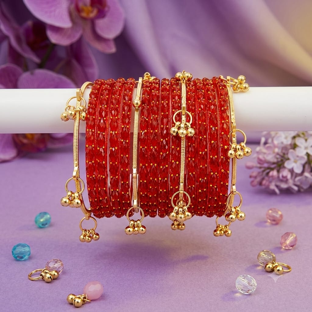 Glass Bangles Set for Women | Golden Ghungroo Traditional Bangles | Festive Wedding Jewellery for Girls