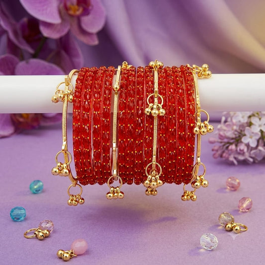 Glass Bangles Set for Women | Golden Ghungroo Traditional Bangles | Festive Wedding Jewellery for Girls