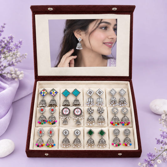 12 Pairs Oxidised Earrings with Mirror Box