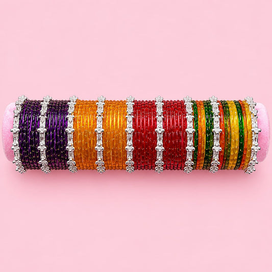 Noorvibes Traditional Glass Bangles Set with silver Ghungroo( 48+9 Bangles)
