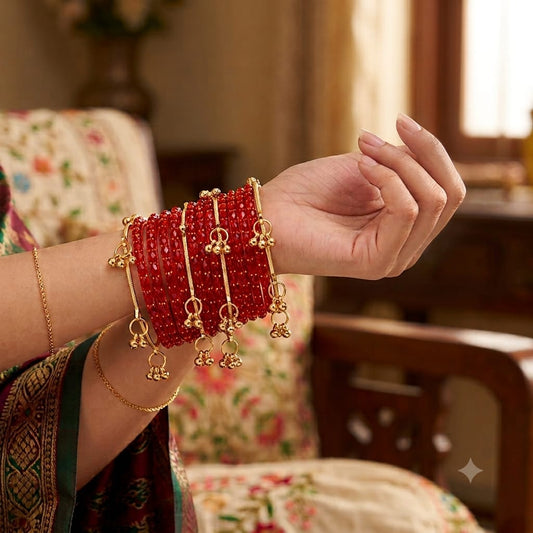 Glass Bangles Set for Women | Golden Ghungroo Traditional Bangles | Festive Wedding Jewellery for Girls