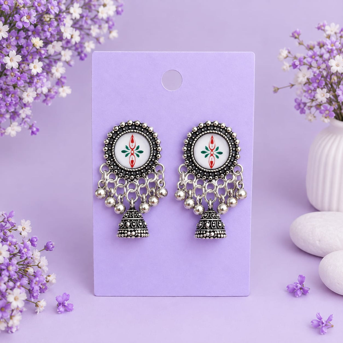 Set of 8 Oxidised Jhumka Earrings Gift Box with Personalised Card & Chocolate