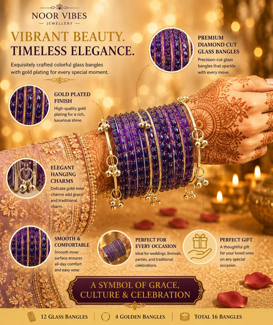 Ghungroo Glass Bangles for Women | Multicolor Traditional Chudi Set with Golden Bell Charms